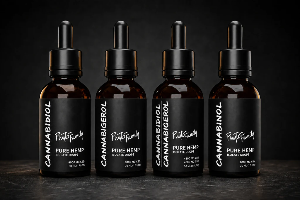 Four PhytoFamily isolate drops bottles: Pure CBD, Pure CBG, CBD plus CBG, and Pure CBN