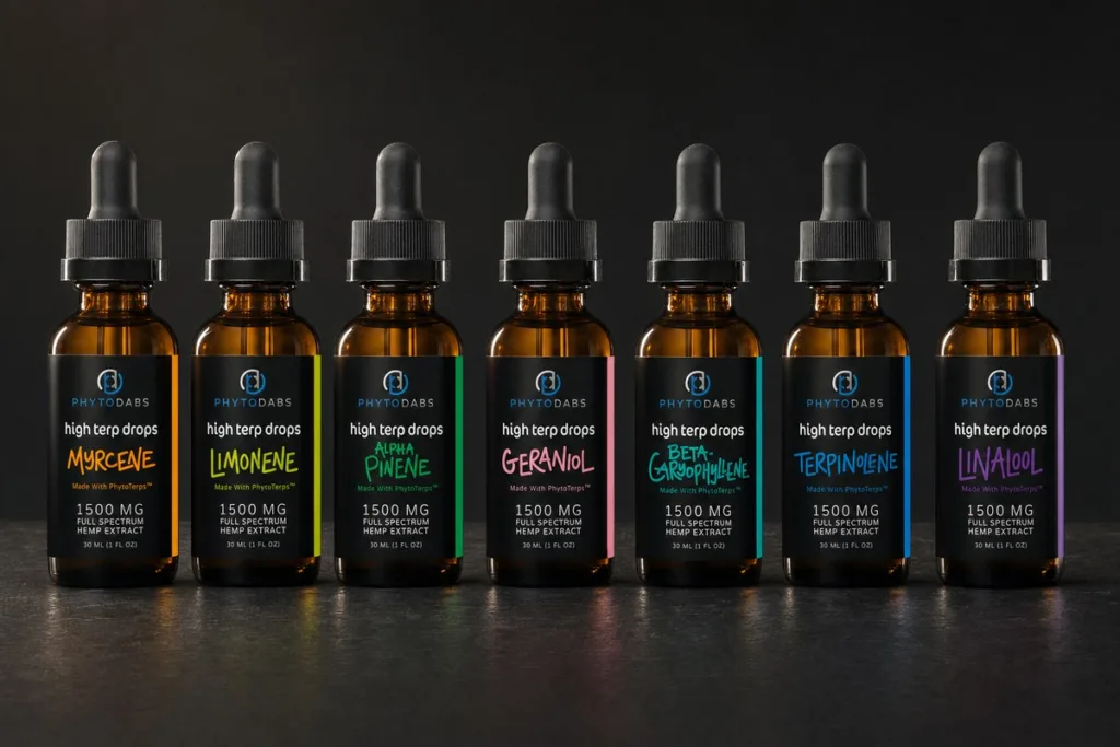 The seven High Terp Drops single-terpene bottles lined up as a color spectrum on dark stone